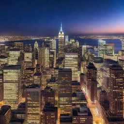 A stunning high view of New York City at night, showcasing the illuminated skyline with its iconic skyscrapers