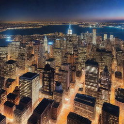 A stunning high view of New York City at night, showcasing the illuminated skyline with its iconic skyscrapers