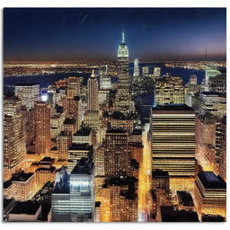 A stunning high view of New York City at night, showcasing the illuminated skyline with its iconic skyscrapers