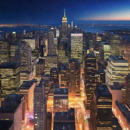 A stunning high view of New York City at night, showcasing the illuminated skyline with its iconic skyscrapers