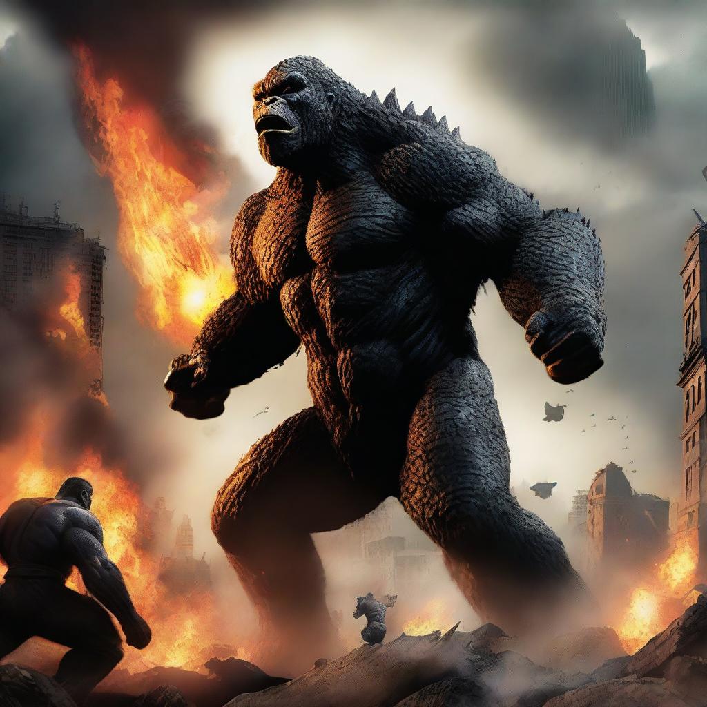 A dramatic scene featuring Godzilla and King Kong in an epic battle