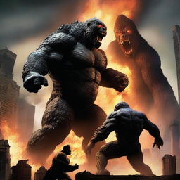 A dramatic scene featuring Godzilla and King Kong in an epic battle