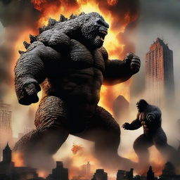 A dramatic scene featuring Godzilla and King Kong in an epic battle