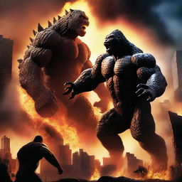 A dramatic scene featuring Godzilla and King Kong in an epic battle