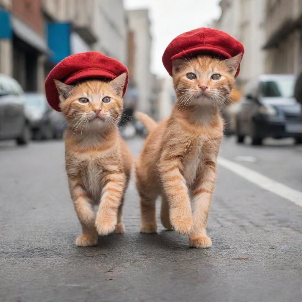 Cute little red kittens donning caps frolicking down the bustling city streets.