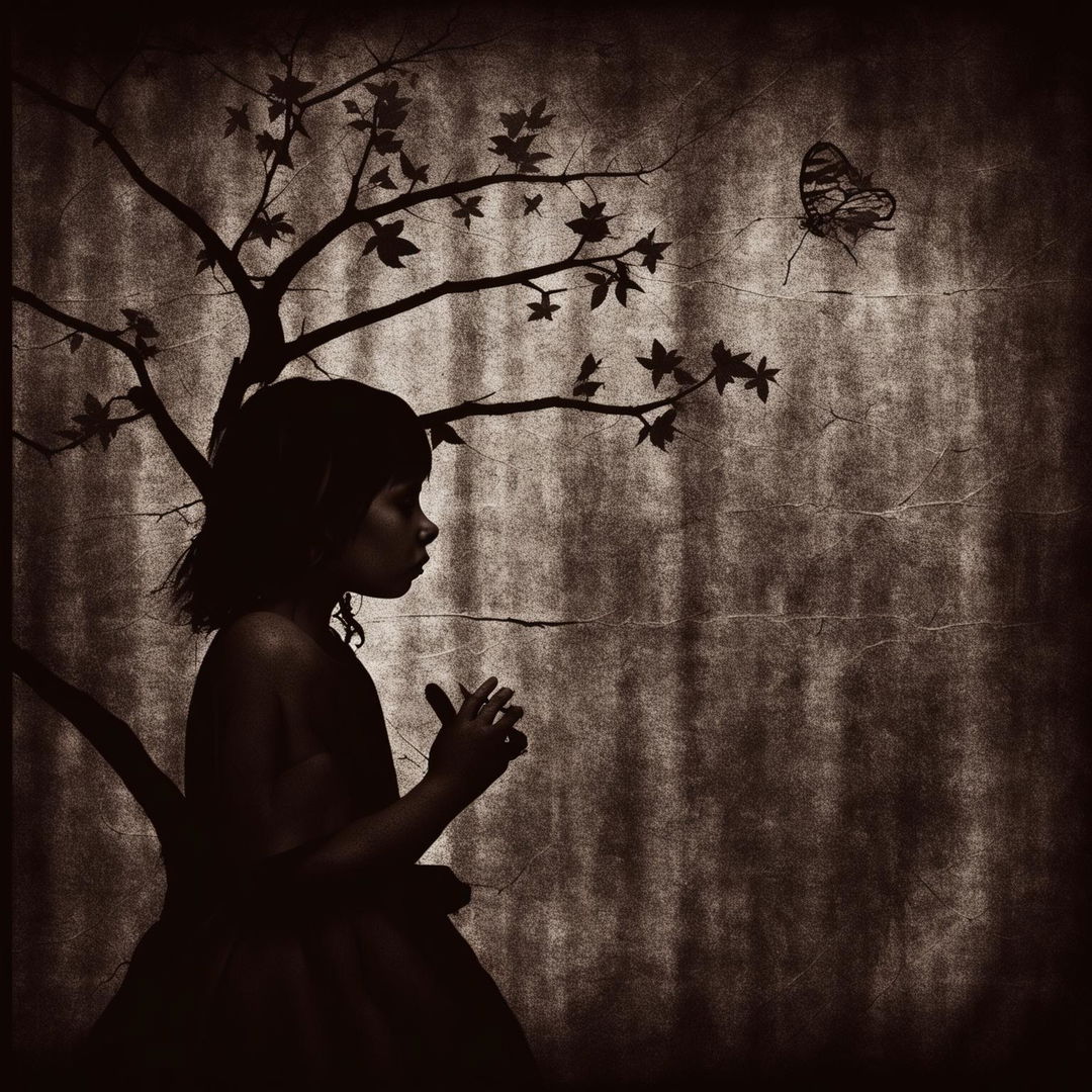 Create an abstract image with a vintage crinkled and torn background, featuring a shadowy silhouette of a little girl sitting against a gnarled tree and a delicate butterfly, evoking nostalgia and melancholy