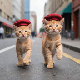 Cute little red kittens donning caps frolicking down the bustling city streets.