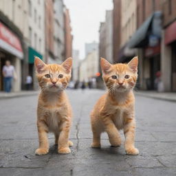 Cute little red kittens donning caps frolicking down the bustling city streets.