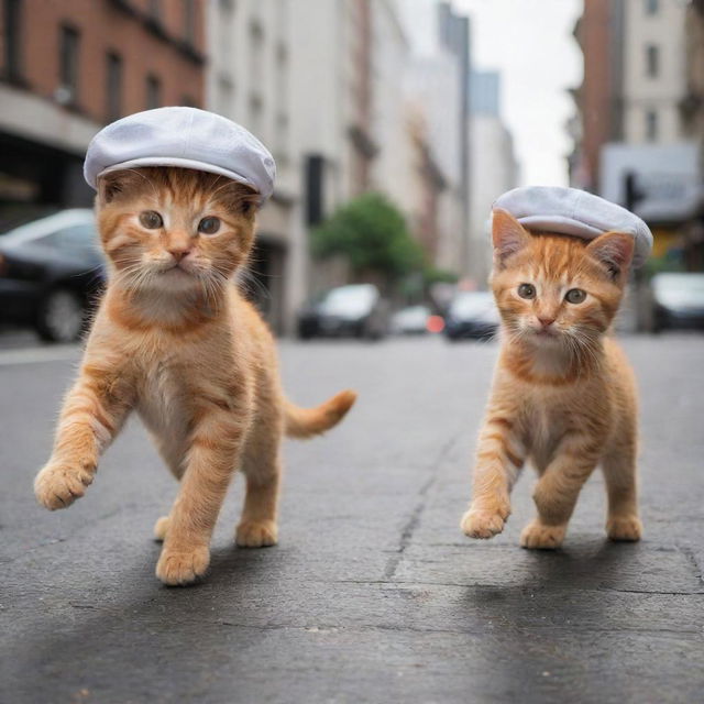 Cute little red kittens donning caps frolicking down the bustling city streets.