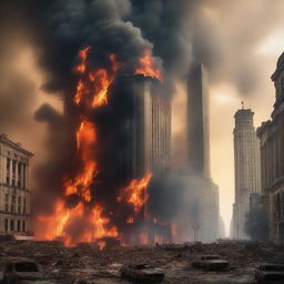 A dramatic scene of a whole city engulfed in flames