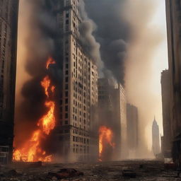 A dramatic scene of a whole city engulfed in flames