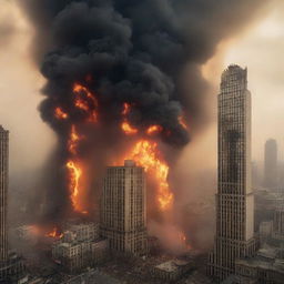 A dramatic scene of a whole city engulfed in flames