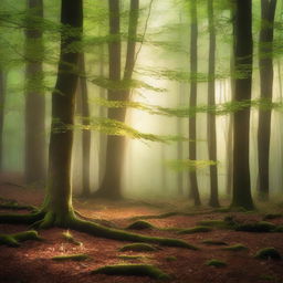 A serene forest scene with ethereal, hidden voices whispering through the trees