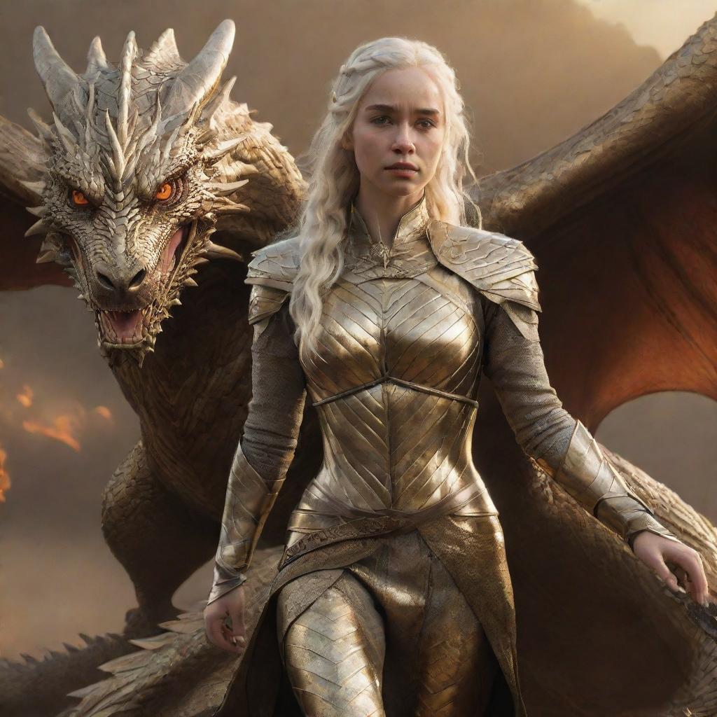 A realistic depiction of Daenerys Targaryen in a brilliant golden armor, with a majestic dragon making a grand backdrop