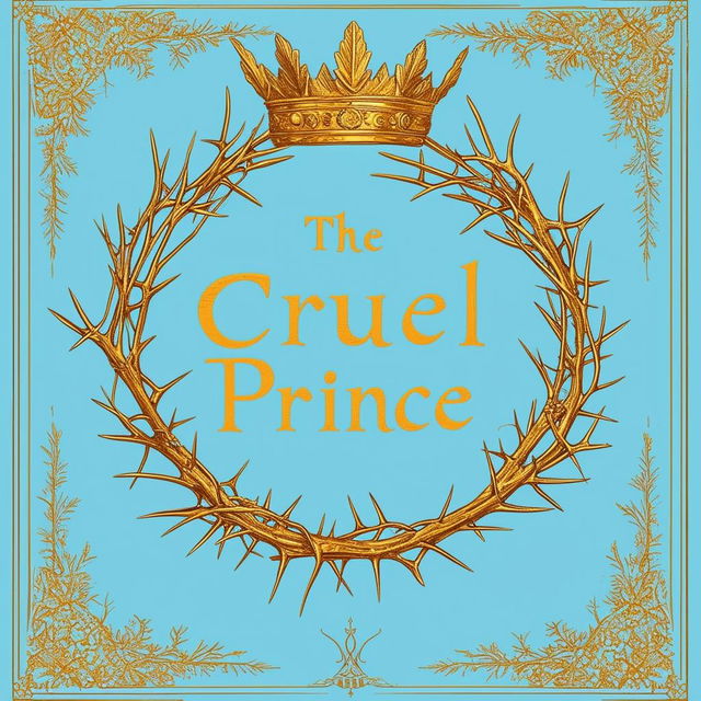 A vintage style pastel blue book cover with a golden crown and thorns, titled 'The Cruel Prince'.