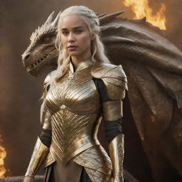 A realistic depiction of Daenerys Targaryen in a brilliant golden armor, with a majestic dragon making a grand backdrop