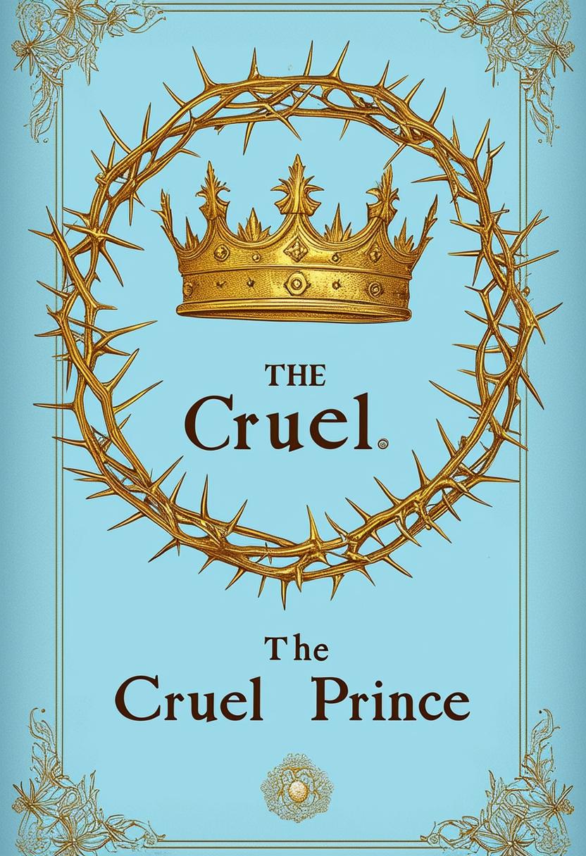 A vintage-style pastel blue book cover with a golden crown and thorns, featuring the title 'The Cruel Prince' in an elegant, classic font