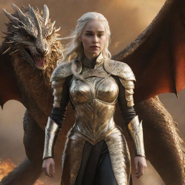 A realistic depiction of Daenerys Targaryen in a brilliant golden armor, with a majestic dragon making a grand backdrop