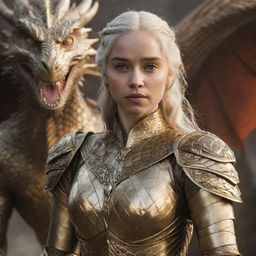 Daenerys Targaryen, realistically portrayed in a gleaming golden armor, with a powerful dragon in the background