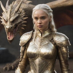 Daenerys Targaryen, realistically portrayed in a gleaming golden armor, with a powerful dragon in the background