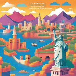 A vibrant and captivating cover image for international travel, featuring iconic landmarks from around the world, such as the Eiffel Tower, the Great Wall of China, and the Statue of Liberty