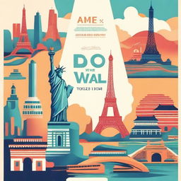 A vibrant and captivating cover image for international travel, featuring iconic landmarks from around the world, such as the Eiffel Tower, the Great Wall of China, and the Statue of Liberty