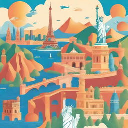 A vibrant and captivating cover image for international travel, featuring iconic landmarks from around the world, such as the Eiffel Tower, the Great Wall of China, and the Statue of Liberty