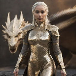 Daenerys Targaryen, realistically portrayed in a gleaming golden armor, with a powerful dragon in the background