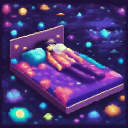 A person lying on a bed made of pixelated galaxies, with vibrant and colorful stars and cosmic elements surrounding them