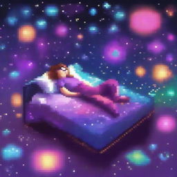 A person lying on a bed made of pixelated galaxies, with vibrant and colorful stars and cosmic elements surrounding them