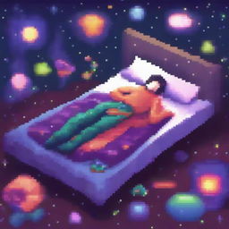 A person lying on a bed made of pixelated galaxies, with vibrant and colorful stars and cosmic elements surrounding them