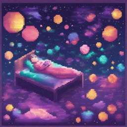 A person lying on a bed made of pixelated galaxies, with vibrant and colorful stars and cosmic elements surrounding them