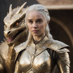 Daenerys Targaryen, realistically portrayed in a gleaming golden armor, with a powerful dragon in the background