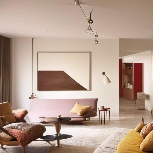 An aesthetically pleasing, artistic interior with modern, stylish furniture, thoughtful lighting, an elegant color palette, and abstract artwork adorning the walls.