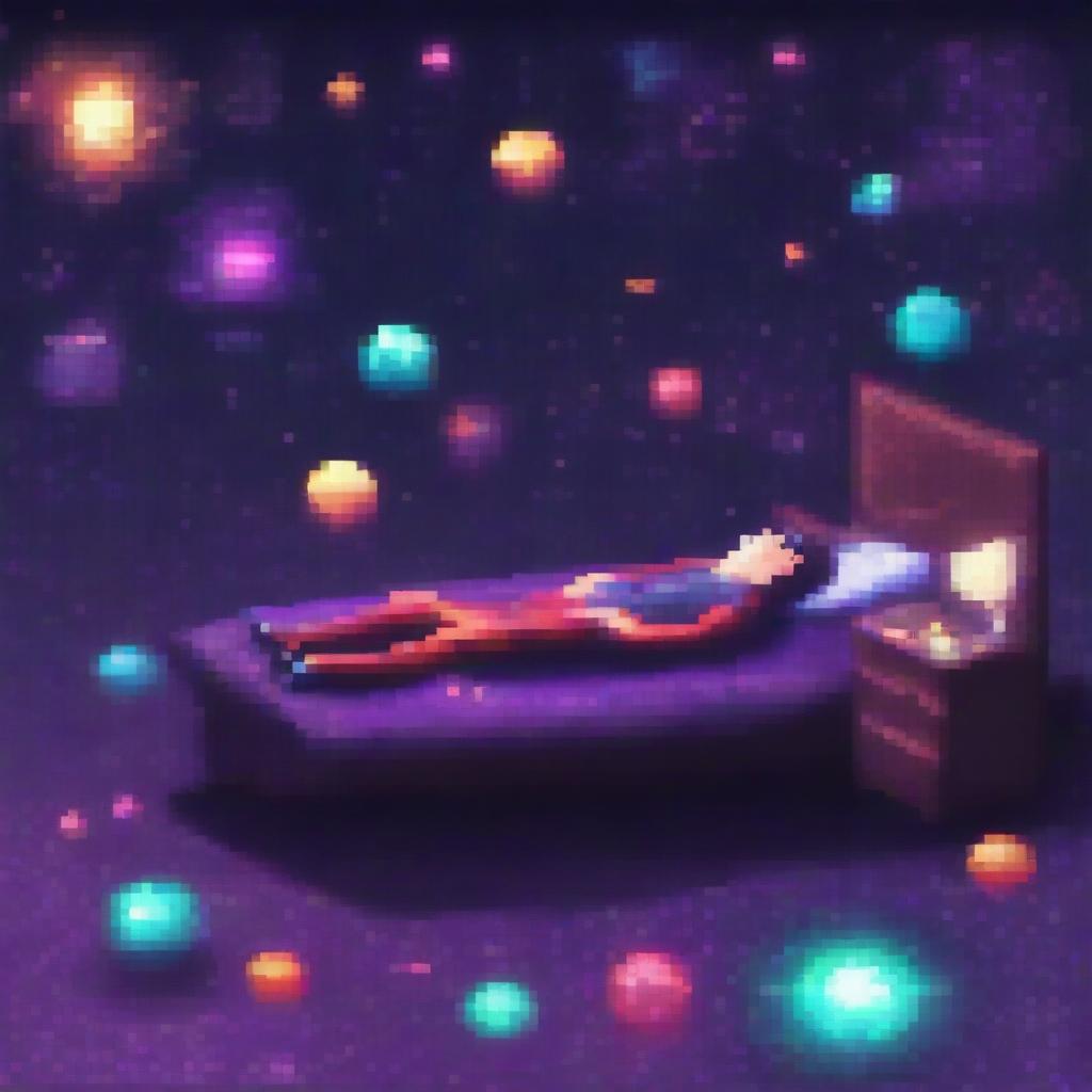 A man lying on a bed made of dark pixelated galaxies, with vibrant and colorful stars and cosmic elements surrounding him