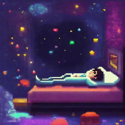 A man lying on a bed made of dark pixelated galaxies, with vibrant and colorful stars and cosmic elements surrounding him