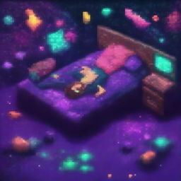 A man lying on a bed made of dark pixelated galaxies, with vibrant and colorful stars and cosmic elements surrounding him