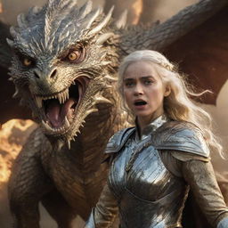 A realistic depiction of an enraged Daenerys Targaryen in glimmering golden armor, with a formidable dragon in the backdrop