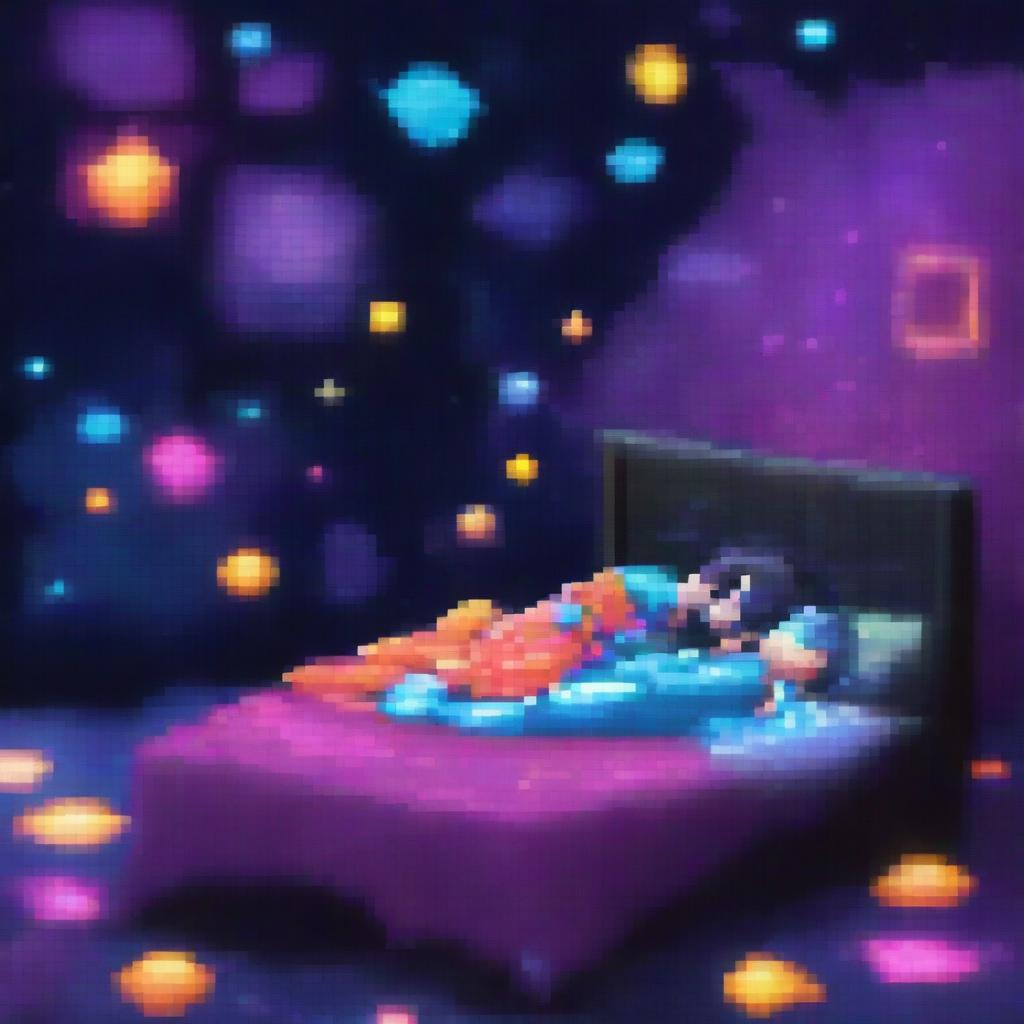 A man lying on a bed made of dark, pixelated realistic galaxies