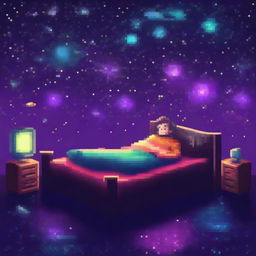 A man lying on a bed made of dark, pixelated realistic galaxies