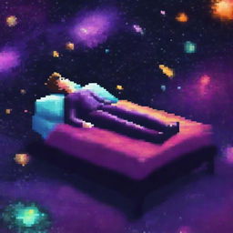 A man lying on a bed made of dark, pixelated realistic galaxies