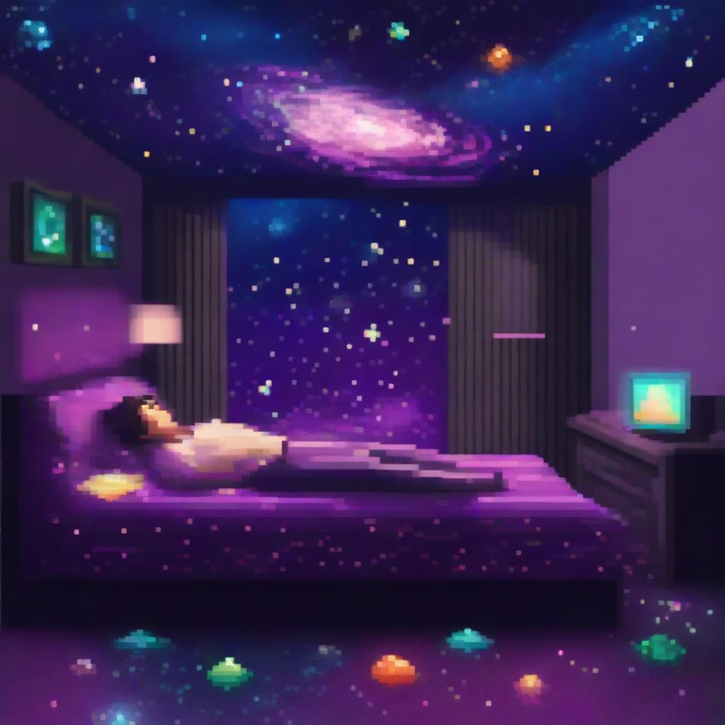 A man lying on a bed made of dark, pixelated realistic galaxies