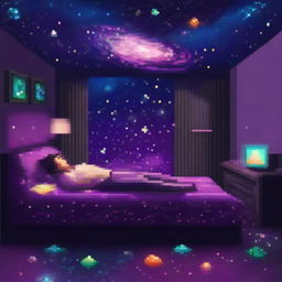 A man lying on a bed made of dark, pixelated realistic galaxies