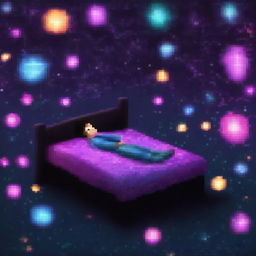 A man lying on a simple bed made of dark, pixelated realistic galaxies