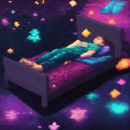 A man lying on a simple bed made of dark, pixelated realistic galaxies