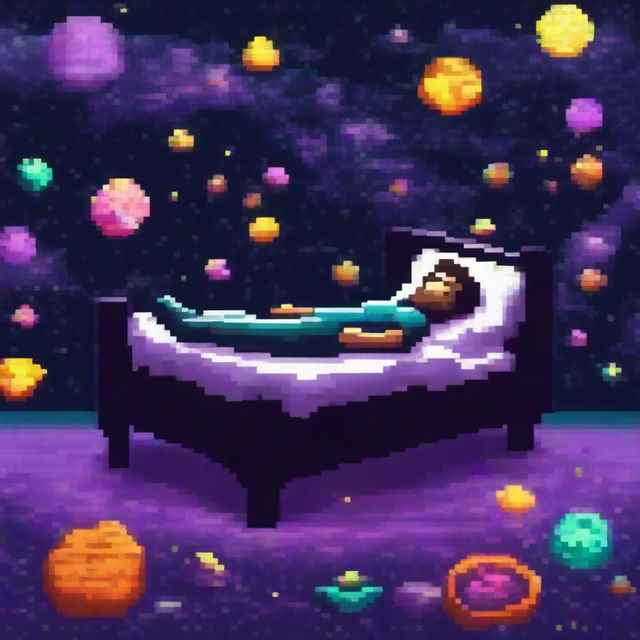 A man lying on a simple bed made of dark, pixelated realistic galaxies