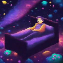 A man lying on a simple bed made of dark, pixelated realistic galaxies