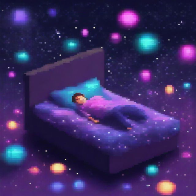 A man lying on a simple mattress made of dark, pixelated realistic galaxies