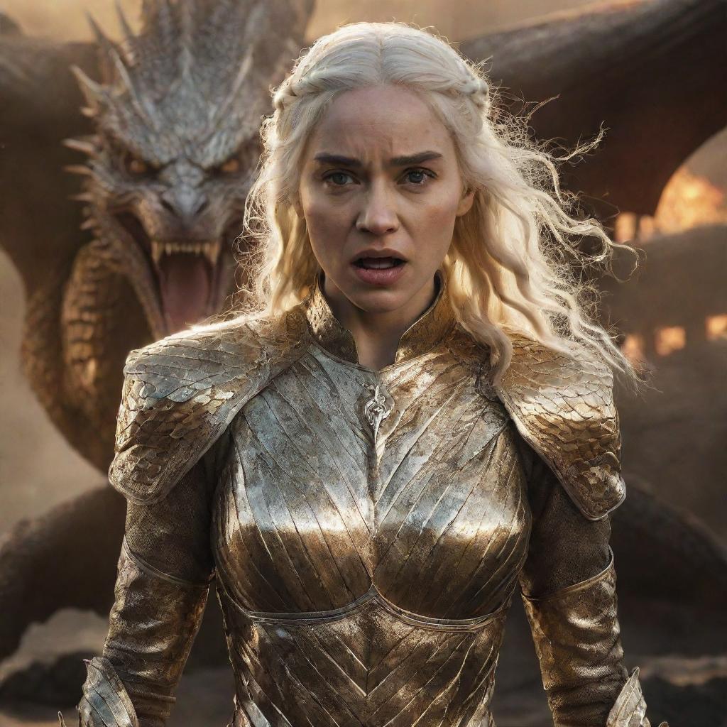 A realistic depiction of an enraged Daenerys Targaryen in glimmering golden armor, with a formidable dragon in the backdrop