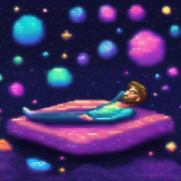 A man lying on a simple mattress made of dark, pixelated realistic galaxies